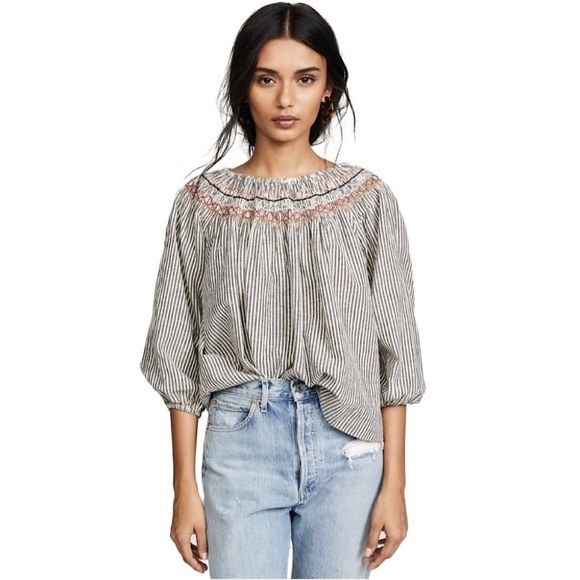 The GREAT. Vista Rail Stripe Embroidered linen cotton Boho Peasant Blouse size 0 - Picture 1 of 9
